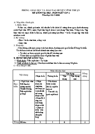 Đề kiểm tra học kì I môn Ngữ văn Lớp 6 - Năm học 2019-2020 - Phòng Giáo dục và Đào tạo huyện Vĩnh Thuận (Đề 2)