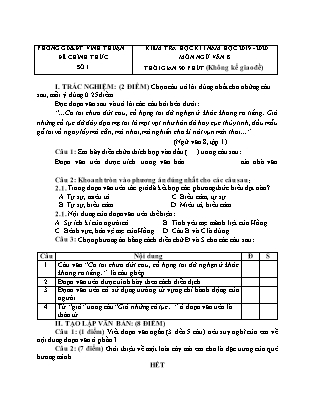 Đề kiểm tra học kì I môn Ngữ văn Lớp 8 - Năm học 2019-2020 - Phòng Giáo dục và Đào tạo huyện Vĩnh Thuận (Đề 1) (Có đáp án)
