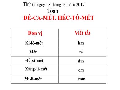 Bài giảng Toán Lớp 3 - Tuần 9, Tiết 43: Đề-ca-mét, héc-tô-mét