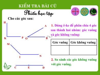 Bài giảng Toán Lớp 4 - Tuần 8, Bài: Góc nhọn, góc tù, góc bẹt