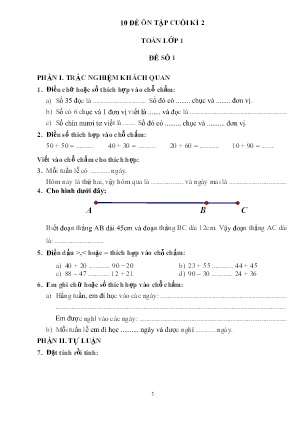 Bộ 10 đề ôn tập cuối học kì II môn Toán Lớp 1