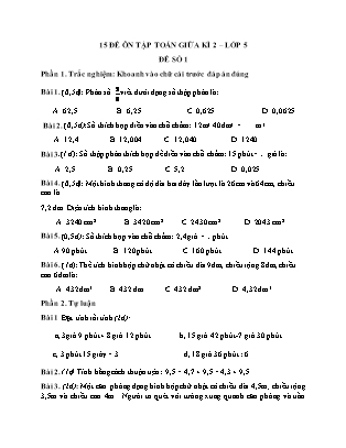 Bộ 15 đề ôn tập giữa học kì 2 môn Toán Lớp 5