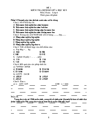 Bộ 60 đề ôn tập kiểm tra giữa học kì I môn Toán Lớp 4
