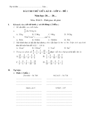 Bộ 8 đề ôn tập giữa học kì II Toán Lớp 4