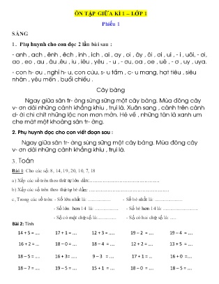 Bộ 9 phiếu ôn tập giữa kì I Tiếng Việt Lớp 1