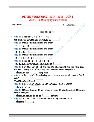 Bộ đề thi Violympic Toán Lớp 1