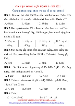 Đề cương ôn tập tổng hợp môn Toán Lớp 2 lên Lớp 3