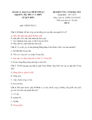 Đề kiểm tra cuối học kì I môn Lịch sử 10 - Đề số 1 (Có đáp án)