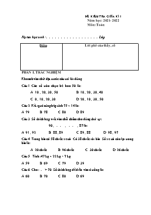 Đề kiểm tra Giữa học kì I môn Toán Lớp 2 - Năm học 2021-2022