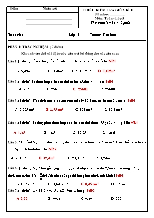 Đề kiểm tra giữa kì II môn Toán Lớp 5 (Có đáp án)