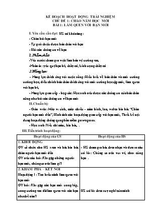 Giáo án Hoạt động trải nghiệm Lớp 1 - Chủ đề 1, Bài 1: Làm quen với bạn mới (Bài tập cuối khóa)