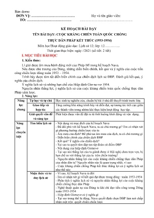 Kế hoạch bài dạy Lịch sử 12 - Bài 20: Cuộc kháng chiến toàn quốc chống thực dân Pháp kết thúc (1953-1954)