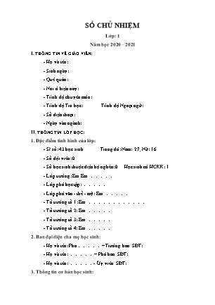 Mẫu sổ chủ nhiệm Lớp 1 - Năm học 2020-2021
