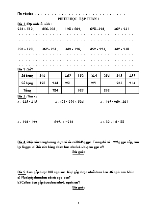 Phiếu bài tập Toán Lớp 3 - Tuần 1