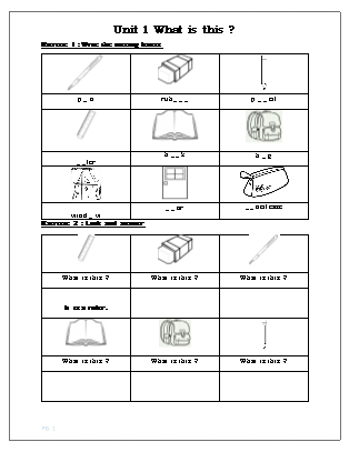 Phiếu ôn hè Tiếng Anh Lớp 1 - Unit 1: What is this?