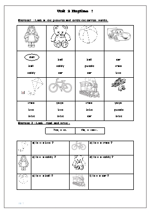 Phiếu ôn hè Tiếng Anh Lớp 1 - Unit 2: Playtime!