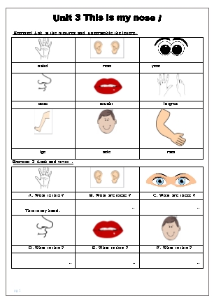 Phiếu ôn hè Tiếng Anh Lớp 1 - Unit 3: What is my nose!