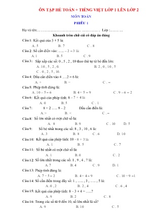 Phiếu ôn tập hè môn Toán và Tiếng Việt Lớp 1 lên Lớp 2