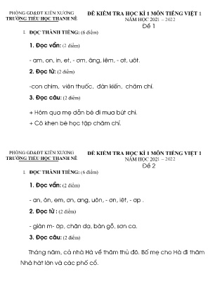 5 Đề kiểm tra học kì I môn Tiếng Việt Lớp 1 - Năm học 2021-2022 - Trường Tiểu học Thanh Nê (Có đáp án)