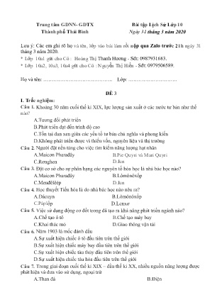 Bài tập Lịch sử Lớp 10 - Đề số 3 - Năm học 2019-2020 - Trung tâm GDNN- GDTX Thành phố Thái Bình (Kèm đáp án)