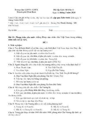 Bài tập Lịch sử Lớp 11 - Đề số 3 - Trung tâm GDNN-GDTX Thành phố Thái Bình (Kèm đáp án)