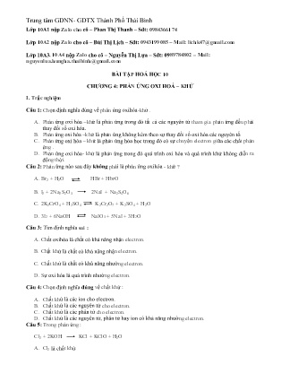 Bài tập ôn tập Hóa học Lớp 10 - Chương 4. Phản ứng oxi hoá – khử - Trung tâm GDNN- GDTX Thành Phố Thái Bình (Kèm đáp án)