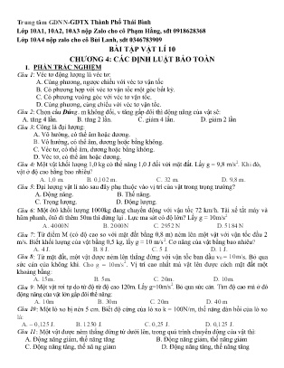 Bài tập ôn tập môn Vật lý Lớp 10 - Chương 4: Các định luật bảo toàn - Trung tâm GDNN-GDTX Thành Phố Thái Bình