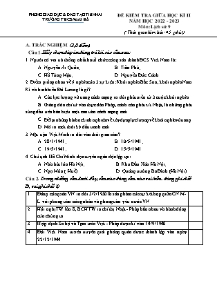 Đề kiểm tra giữa học kì II môn Lịch sử Lớp 9 - Năm học 2022-2023 - Trường THCS Nam Hà