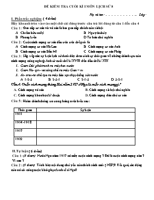 Đề kiểm tra học kì I môn Lịch sử Lớp 8 - Năm học 2021-2022 - Trường THCS Nam Hà (Có đáp án)