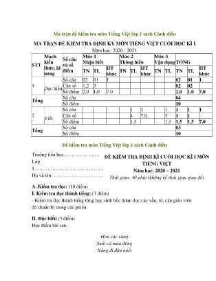 Đề kiểm tra học kì I môn Tiếng Việt Lớp 3 (Cánh Diều) - Năm học 2021-2022 - Trường Tiểu học Thanh Nê (Có đáp án)
