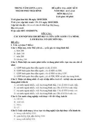 Đề kiểm tra học kì II môn Địa lí Lớp 11 - Năm học 2019-2020 - Trung tâm GDNN-GDTX Thành phố Thái Bình (Kèm đáp án)