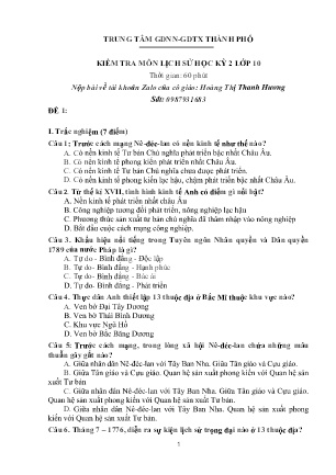 Đề kiểm tra học kì II môn Lịch sử Lớp 10 - Trung tâm GDNN-GDTX Thành phố (Kèm đáp án)