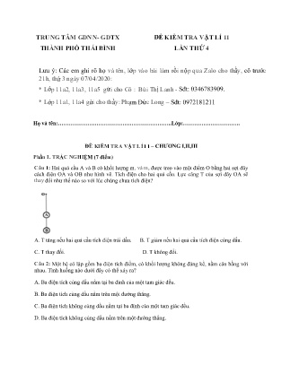 Đề kiểm tra Lần 4 môn Vật lý Lớp 11 - Chương I+II+III - Năm học 2019-2020 - Trung tâm GDNN – GDTX Thành phố Thái Bình (Kèm đáp án)