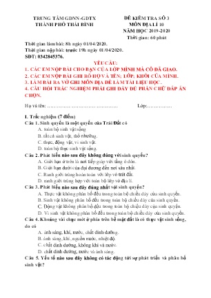 Đề kiểm tra môn Địa lí Lớp 10 - Đề số 3 - Trung tâm GDNN-GDTX Thành phố Thái Bình (Kèm đáp án)