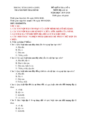 Đề kiểm tra môn Địa lí Lớp 10 - Đề số 4 - Trung tâm GDNN-GDTX Thành phố Thái Bình (Kèm đáp án)