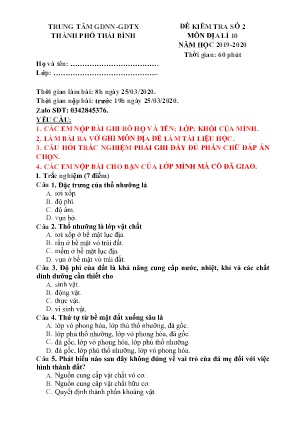 Đề kiểm tra môn Địa lí Lớp 10 - Số 2 - Năm học 2019-2020 - Trung tâm GDNN-GDTX Thành phố Thái Bình (Kèm đáp án)