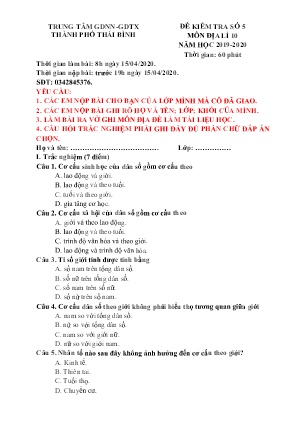 Đề kiểm tra môn Địa lí Lớp 10 - Số 5 - Năm học 2019-2020 - Trung tâm GDNN-GDTX Thành phố Thái Bình (Kèm đáp án)