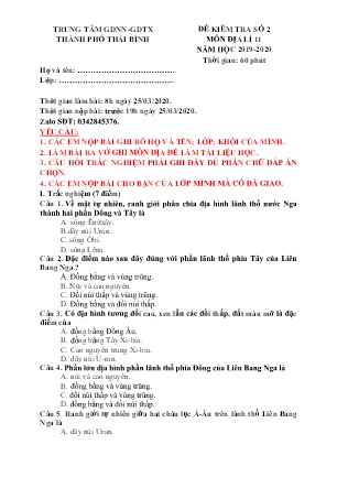 Đề kiểm tra môn Địa lí Lớp 11 - Số 2 - Năm học 2019-2020 - Trung tâm GDNN-GDTX Thành phố Thái Bình (Kèm đáp án)