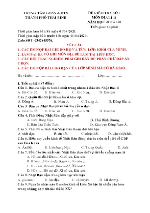 Đề kiểm tra môn Địa lí Lớp 11 - Số 3 - Năm học 2019-2020 - Trung tâm GDNN-GDTX Thành phố Thái Bình (Kèm đáp án)