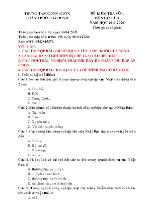 Đề kiểm tra môn Địa lí Lớp 11 - Số 4 - Năm học 2019-2020 - Trung tâm GDNN-GDTX Thành phố Thái Bình (Kèm đáp án)