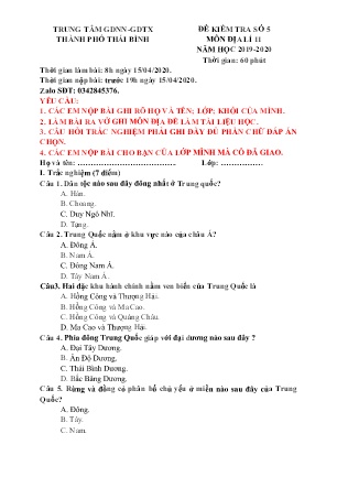 Đề kiểm tra môn Địa lí Lớp 11 - Số 5 - Năm học 2019-2020 - Trung tâm GDNN-GDTX Thành phố Thái Bình (Kèm đáp án)