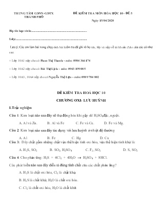 Đề kiểm tra môn Hóa học Lớp 10 - Đề 5 - Năm học 2019-2020 - Trung tâm GDNN-GDTX Thành phố (Kèm đáp án)