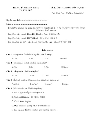 Đề kiểm tra môn Hóa học Lớp 10 - Năm học 2019-2020 - Trung tâm GDNN- GDTX Thành Phố (Kèm đáp án)