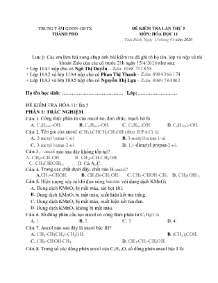 Đề kiểm tra môn Hóa học Lớp 11 - Lần thứ 5 - Năm học 2019-2020 - Trung tâm GDNN-GDTX Thành phố (Kèm đáp án)