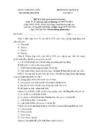 Đề kiểm tra môn Lịch sử Lớp 10 - Lần thứ 4 - Trung tâm GDNN- GDTX Thái Bình (Kèm đáp án)