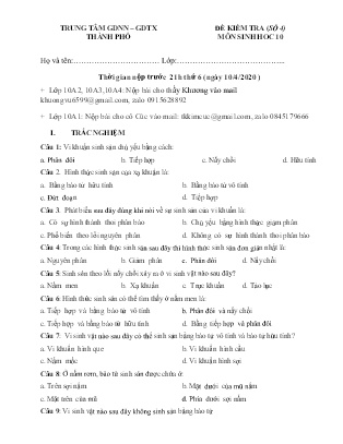 Đề kiểm tra môn Sinh học Lớp 10 - Đề số 4 - Năm học 2019-2020 - Trung tâm GDNN- GDTX Thái Bình