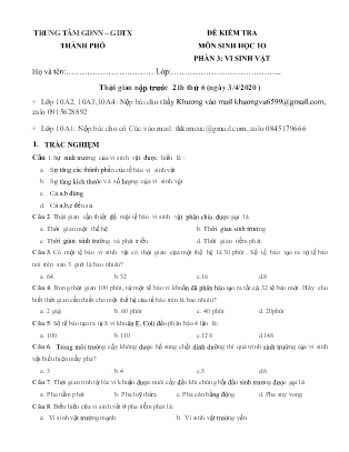 Đề kiểm tra môn Sinh học Lớp 10 - Phần 3: Vi sinh vật - Năm học 2019-2020 - Trung tâm GDNN-GDTX Thành phố (Kèm đáp án)