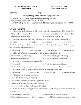 Đề kiểm tra môn Sinh học Lớp 10 - Số 5 - Năm học 2019-2020 - Trung tâm GDNN – GDTX Thành phố