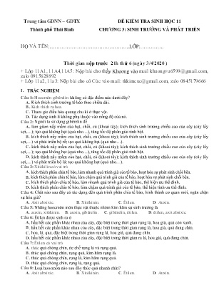 Đề kiểm tra môn Sinh học Lớp 11 - Chương 3: Sinh trưởng và phát triển - Năm học 2019-2020 - Trung tâm GDNN – GDTX Thành phố Thái Bình (Kèm đáp án)