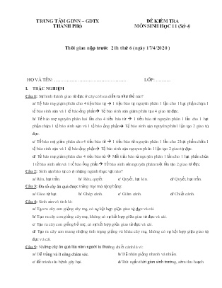 Đề kiểm tra môn Sinh học Lớp 11 - Số 4 - Năm học 2019-2020 - Trung tâm GDNN-GDTX Thành phố
